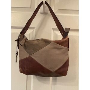 Fossil Patchwork Leather Suede Shoulder Bag Brown Tan Boho Hobo Purse Key Charm